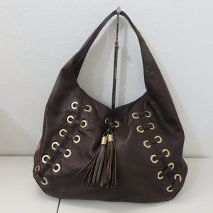 Michael Kors Astor Dark Brown Leather Hobo Bag Large Gold Grommets & Tassels